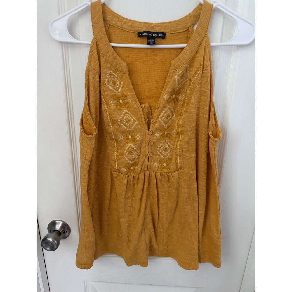 Cable & Gauge Mustard Yellow Embroidered Boho Tank Top Mustard Medium